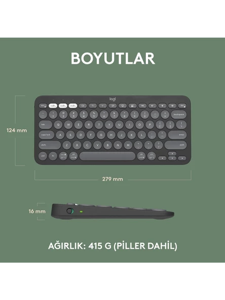 Logitech K380s Pebble Keys 2 Çoklu Cihaz Özellikli Bluetooth Türkçe Q Klavye - Siyah - 3
