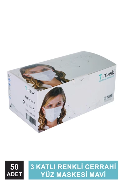 Dentac T-Mask 3 Katlı Renkli Cerrahi Yüz Maskesi Mavi 50 Adet