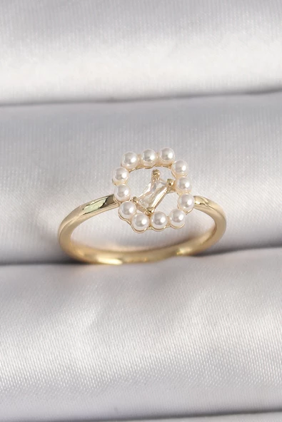 Pirinç Gold Renk Zirkon Taş Detaylı İncili Ayarlanabilir Yüzük - TJ-BYK3541 - 1