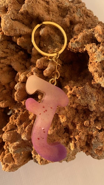 F Harfi Gökkuşağı Renkleri Kırmızı Sim Süsleme Anahtarlık Gold Aksesuarlı El Yapımı Epoksi - Resim 2