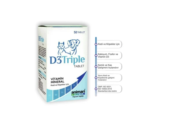 Animari D3Triple 1 gr 50 tablet Kedi Köpek Vitamin Takviyesi