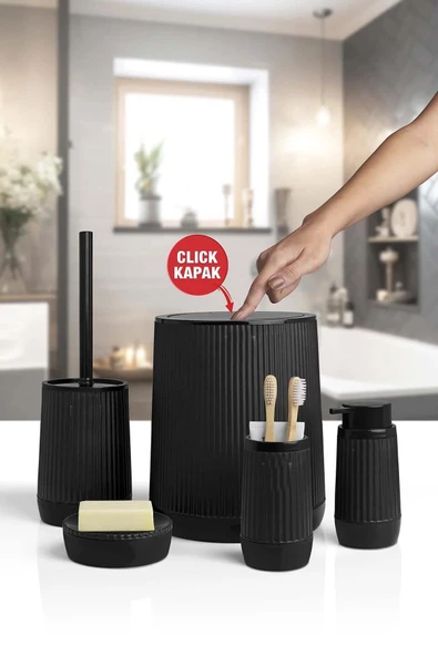 Banyo Seti Plastik Siyah Renk 5 Parça Akıllı Çöp Kovası