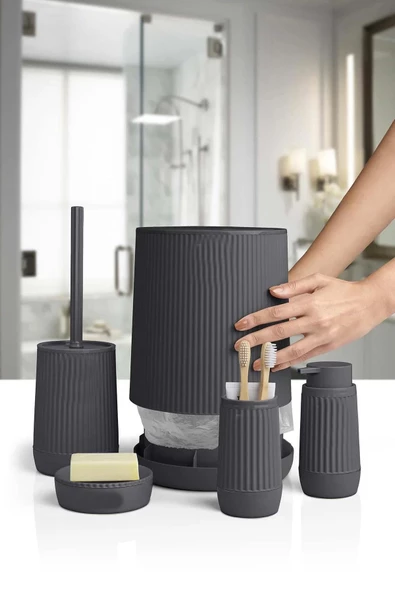 Banyo Seti Plastik Antrasit Renk 5 Parça Akıllı Çöp Kovası - Resim 3