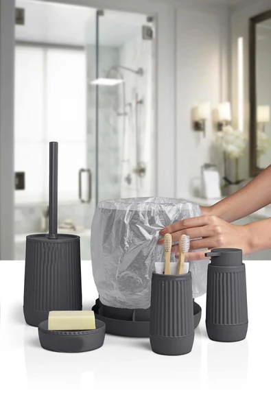 Banyo Seti Plastik Antrasit Renk 5 Parça Akıllı Çöp Kovası - Resim 2