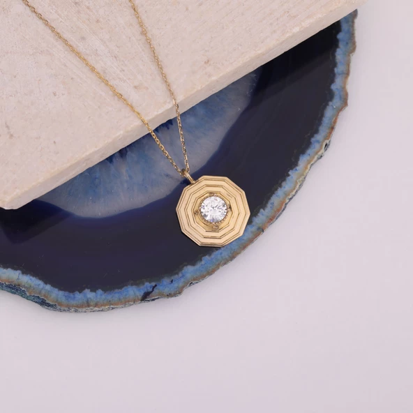 18Ayar Altın Mikron Kaplama Geometrik Tektaş Tasarım Kolye - CNS00599 - Resim 4