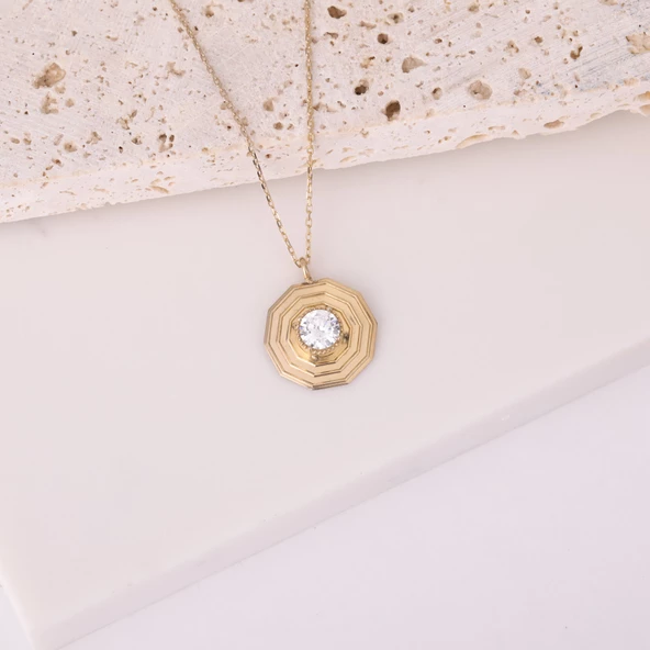 18Ayar Altın Mikron Kaplama Geometrik Tektaş Tasarım Kolye - CNS00599 - Resim 5