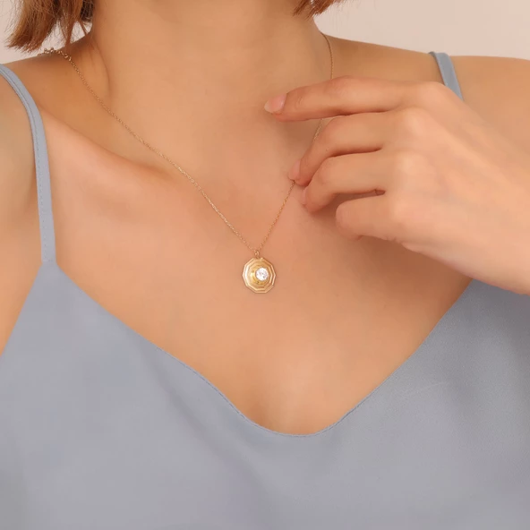 18Ayar Altın Mikron Kaplama Geometrik Tektaş Tasarım Kolye - CNS00599 - Resim 2