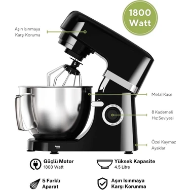Kumtel Siyah Hamur Yoğurma 1800WATT 4.5lt Dondurma Yapma Aprt. Sm-02 - 2