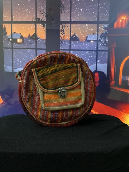 Yuvarlak Kilim dokuma otantik bordo askılı omuz çantası - 3