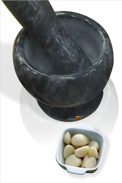 Siyah Parlatılmış Gerçek Mermer Sarımsak Kahve Baharat Çekirdek Çeşni Dövme Ezme Havan ve Tokmak