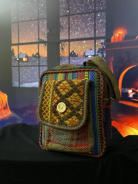 Kilim dokuma cep telefon modelli otantik bordo askılı omuz çantası - 4
