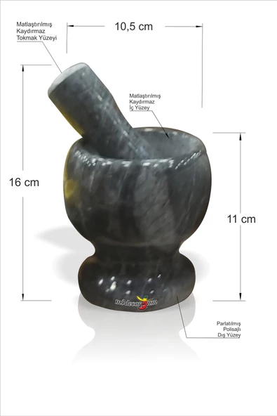 Siyah Parlatılmış Gerçek Mermer Sarımsak Kahve Baharat Çekirdek Çeşni Dövme Ezme Havan ve Tokmak - 3