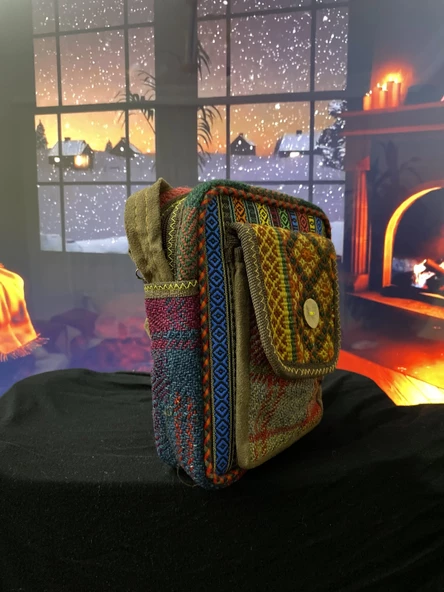 Kilim dokuma cep telefon modelli otantik bordo askılı omuz çantası - 3