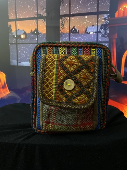 Kilim dokuma cep telefon modelli otantik bordo askılı omuz çantası - 2