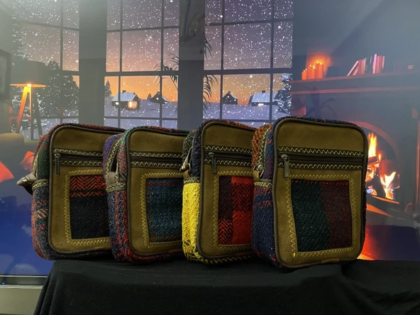 Kilim dokuma deri detay otantik bordo askılı omuz çantası