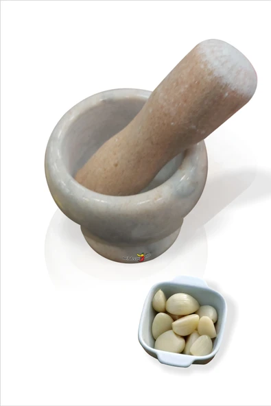 Bej Parlatılmış Gerçek Mermer Sarımsak Kahve Baharat Çekirdek Çeşni Dövme Ezme Havan ve Tokmak - 3