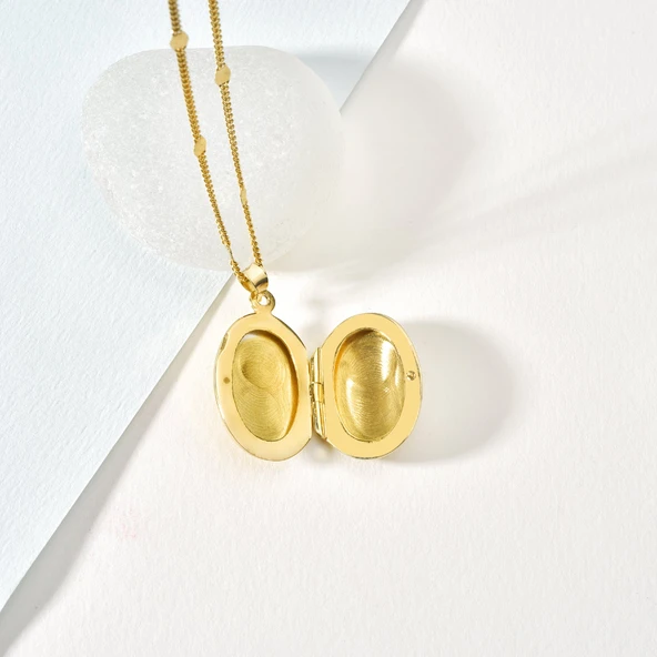 925 Ayar Altın Mikron Kaplama Oval Madolyon Kolye - CN00425 - Resim 3