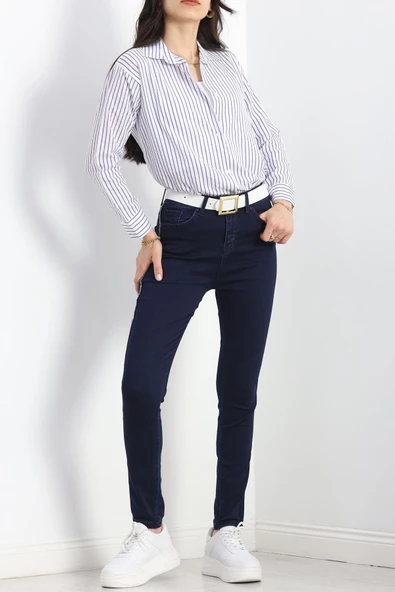 Etnik Desen Şeritli Kot Pantolon Mavi - 2