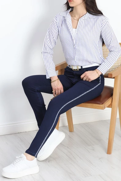 Etnik Desen Şeritli Kot Pantolon Mavi - 6