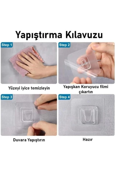 5 Çift Şeffaf Yapışkanlı Geçmeli Klips Eşya Tablo Resim Duvar Banyo Sabitleme Askısı Tutucu Askı Kancası - 5
