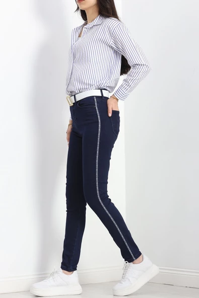 Etnik Desen Şeritli Kot Pantolon Mavi - 5