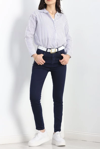 Etnik Desen Şeritli Kot Pantolon Mavi - 8