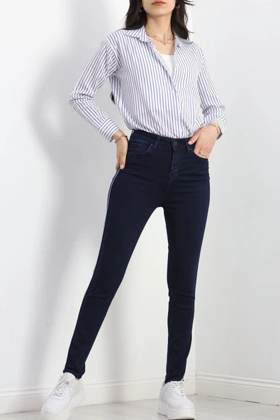 Etnik Desen Şeritli Kot Pantolon Mavi - 10