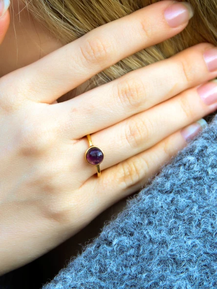 Doğal Taş Ametist Yuvarlak Doğal Taşlı Altın Kaplama Ayarlanabilir Kadın Yüzük euy53amt ürün görseli