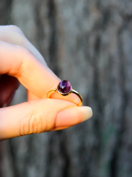 Doğal Taş Ametist Yuvarlak Doğal Taşlı Altın Kaplama Ayarlanabilir Kadın Yüzük euy53amt - Resim 3