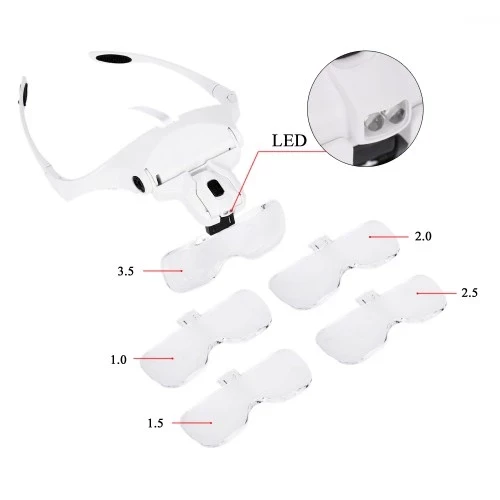 5 Lens 1.0x3.5x, 2led Işıklı  Ile Ayarlanabilir Gözlük Büyüteç9892b2 - 3