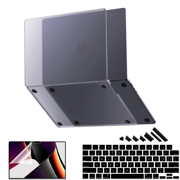 MacBook Pro 15 İnç Kılıf M2-M3 A2941-A3114 için Dayanıklı Koruyucu Mat Plastik Sert Kılıf  Siyah-Set4