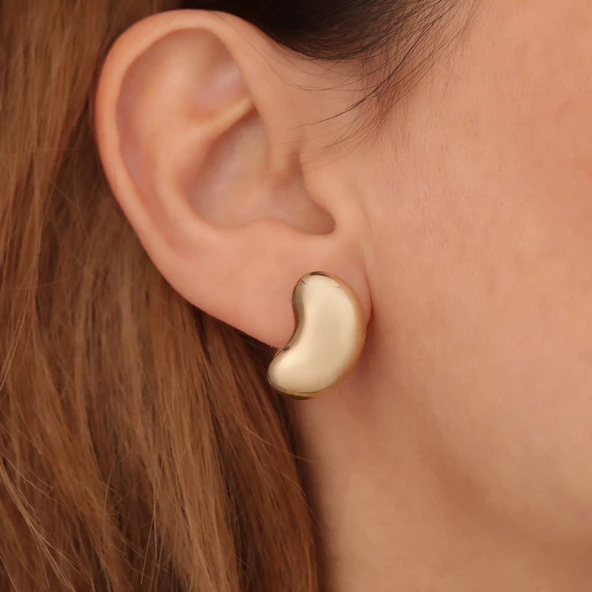 18 Ayar Altın Mikron Kaplama Fasulye Temalı Tasarım Gümüş Küpe - E00273 - Resim 2