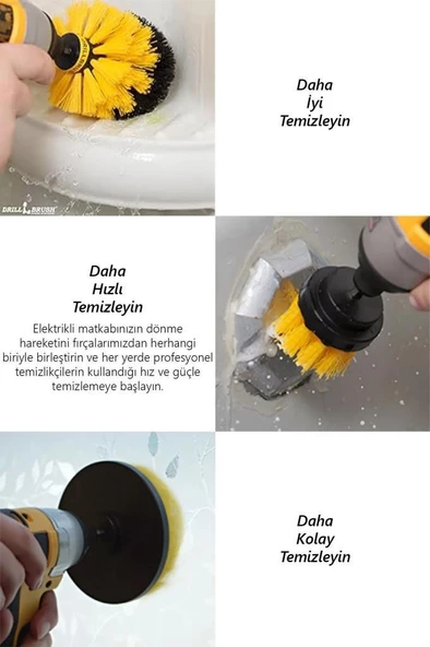 3 lü Matkap Ucu Temizlik Fırça Seti Jant Lastik Tekerlek Koltuk Halı Derz Yıkama Temizleme Fırçası - 3