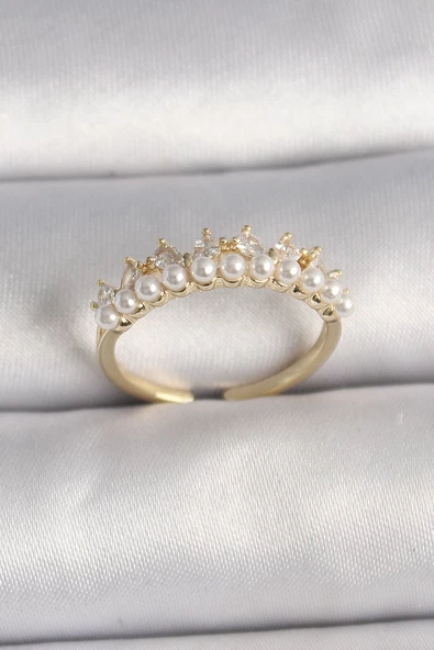 Pirinç Gold Renk Zirkon Taşlı İncili Taç Model Ayarlanabilir Kadın Yüzük - TJ-BYK3576 ürün görseli