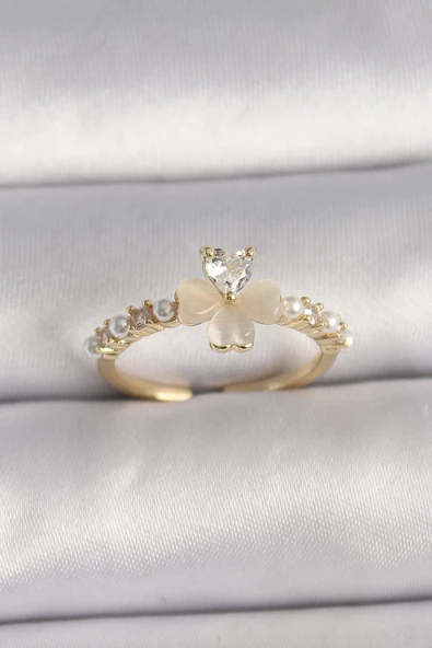 Pirinç Gümüş Renk Zirkon Taşlı Beyaz Mineli Yonca Model İnci Detay Ayarlanabilir Yüzük - TJ-BYK3551 ürün görseli