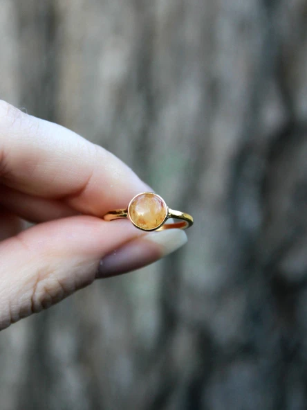 Doğal Taş Sitrin Yuvarlak Doğal Taşlı Altın Kaplama Ayarlanabilir Kadın Yüzük euy53s - Resim 3
