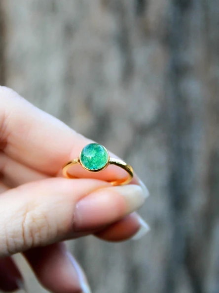 Doğal Taş Yeşil Akik Yuvarlak Doğal Taşlı Altın Kaplama Ayarlanabilir Kadın Yüzük euy53ya - Resim 3