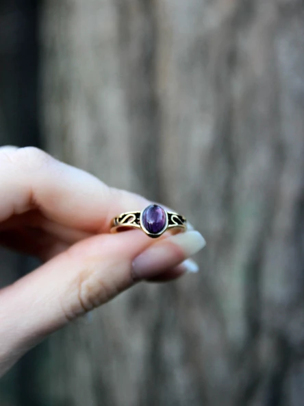 Doğal Taş Ametist Doğal Taşlı Ayarlanabilir Antik Kadın Yüzük euy54amt - Resim 3