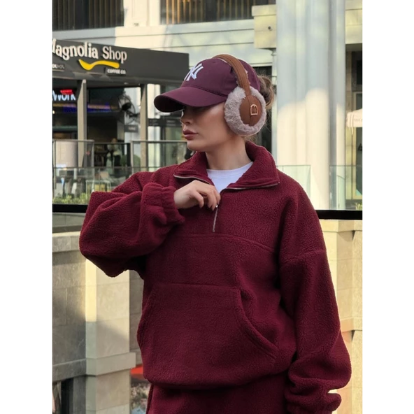 Kalın Polar Yakalı Fermuarlı Sweat Pantolonlu Takım - Bordo - 2