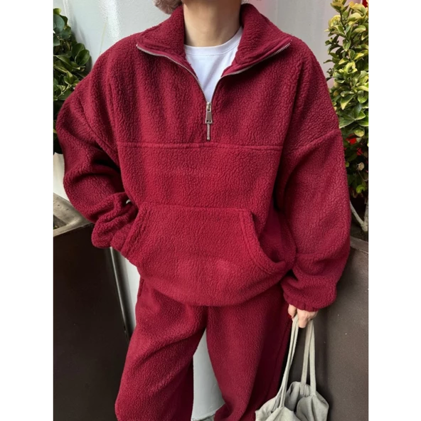 Kalın Polar Yakalı Fermuarlı Sweat Pantolonlu Takım - Bordo - 4