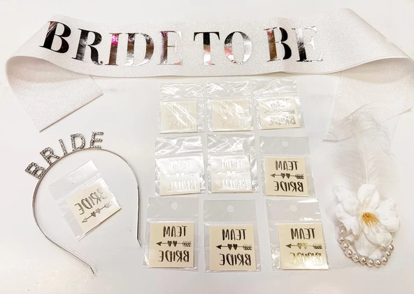Gümüş Renk Bride Partisi Taç Kuşak Dövme Bileklik Seti Full 13 Parça - 2
