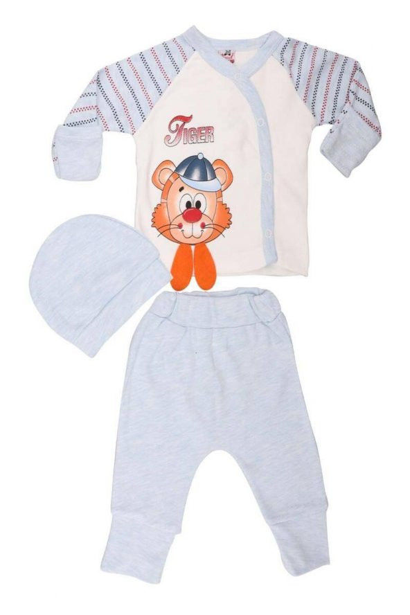 Agucuk Baby Şapkalı Tiger Desenli 3lü Zıbın Takımı 20113 | Mavi