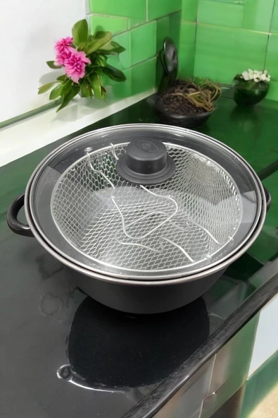 SürLaz Emaye Cam Kapaklı Patates Biber Kabak Sosis Patlıcan Kızartma Tenceresi Fritöz 24 Cm - 2