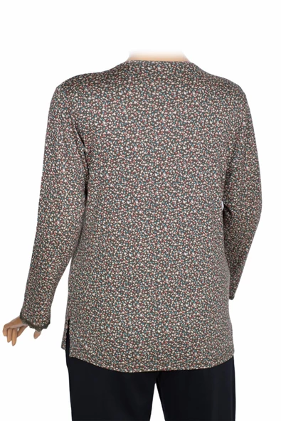 Cimariva Kadın Zarif Büyük Beden V Yaka Desenli Haki Bluz - 4