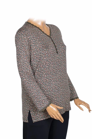 Cimariva Kadın Zarif Büyük Beden V Yaka Desenli Haki Bluz - 3