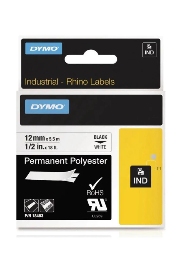 Dymo Rhino Pro Etiketi Plastik Sabit 12 MM x 5.5 Metre Beyaz Üzerine Siyah 18483