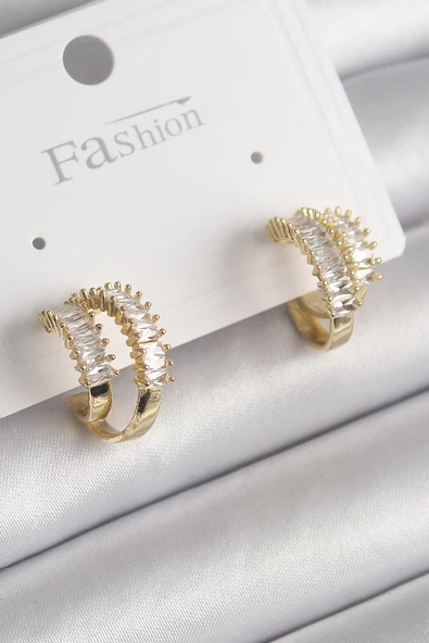 Pirinç Gold Renk 2'Li Zirkon Taşlı Halka Model Kadın Küpe - EBJ250113W30497 ürün görseli