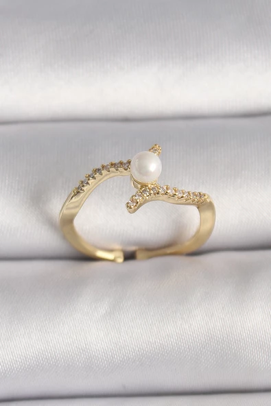 Pirinç Gold Renk Zirkon Taşlı İncili Ayarlanabilir Yüzük - EBJ250113W30567 ürün görseli