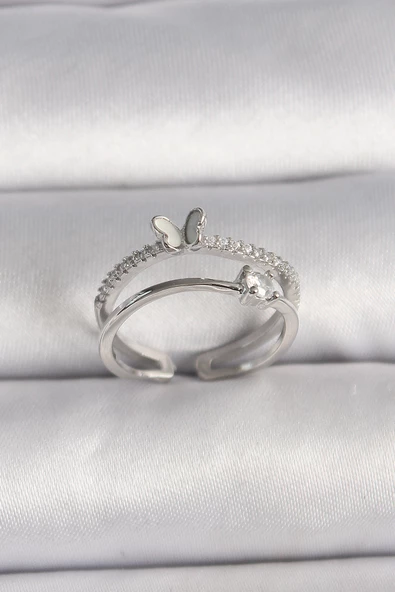 Pirinç Gümüş Renk Zirkon Taşlı Kelebek Figürlü Ayarlanabilir Yüzük - EBJ250113W30548 ürün görseli