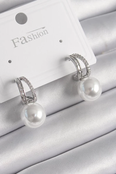 Pirinç Gümüş Renk Zirkon Taşlı Halka İnci Detay Kadın Küpe - EBJ250113W30508 ürün görseli